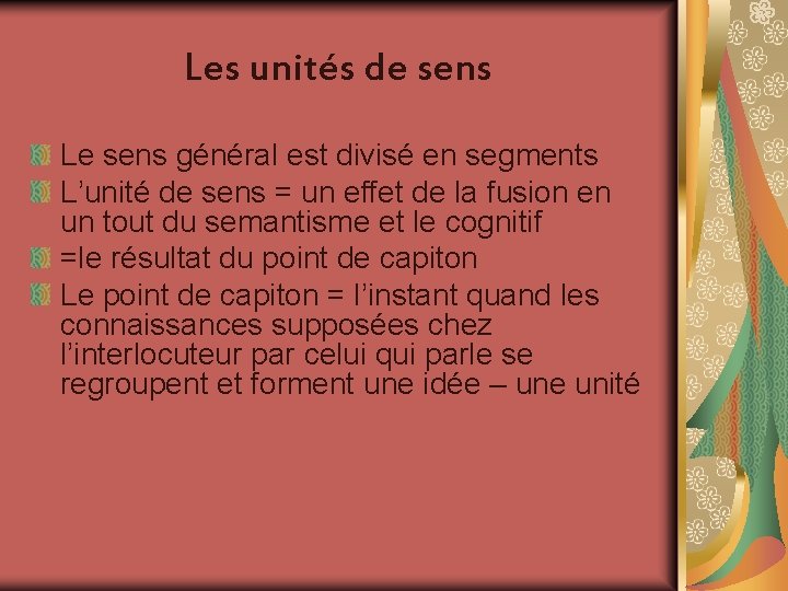 Les unités de sens Le sens général est divisé en segments L’unité de sens