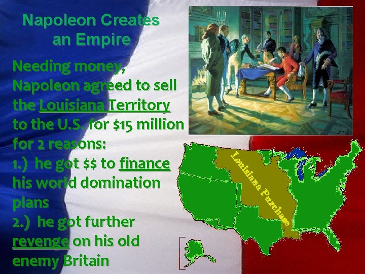 Napoleon Creates an Empire Needing money, Napoleon agreed to sell the Louisiana Territory to