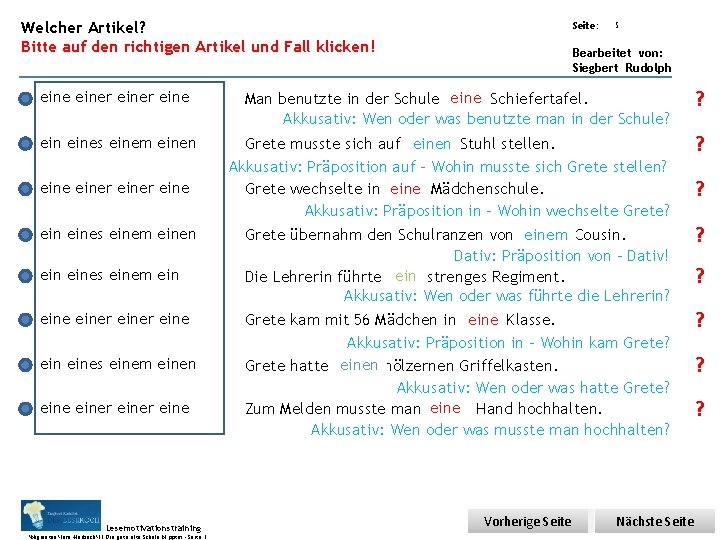 Übungsart: Welcher Artikel? Bitte auf den richtigen Artikel und Fall klicken! einer einer eine Übungsart: Welcher Artikel? Bitte auf den richtigen Artikel und Fall klicken! einer einer eine