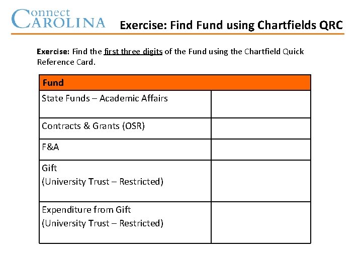 Exercise: Find Fund using Chartfields QRC Exercise: Find the first three digits of the