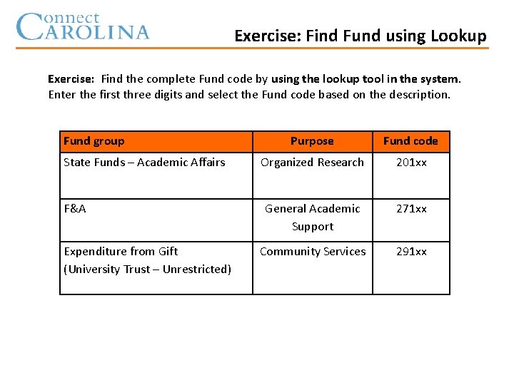 Exercise: Find Fund using Lookup Exercise: Find the complete Fund code by using the