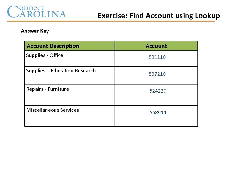 Exercise: Find Account using Lookup Answer Key Account Description Supplies - Office Supplies –