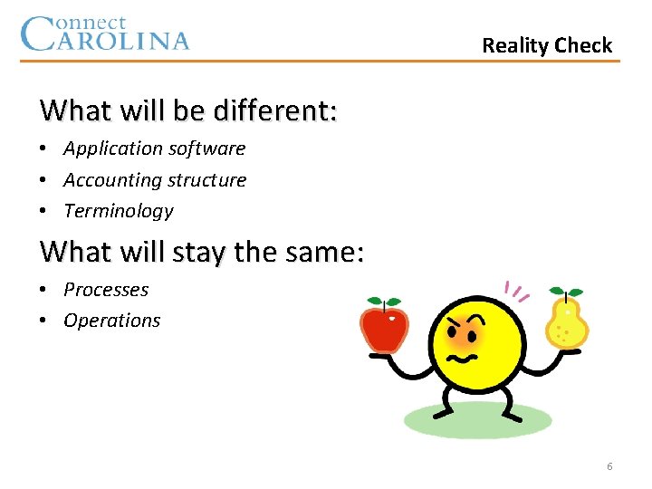 Reality Check What will be different: • Application software • Accounting structure • Terminology
