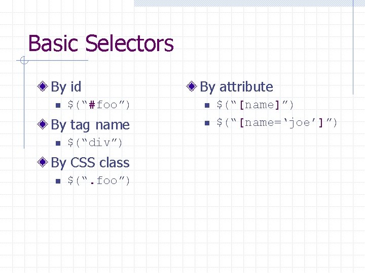 Basic Selectors By id n $(“#foo”) By tag name n $(“div”) By CSS class