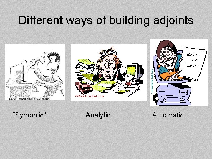 Different ways of building adjoints “Symbolic” “Analytic” Automatic 
