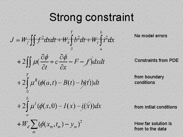 Strong constraint No model errors Constraints from PDE from boundary conditions from initial conditions