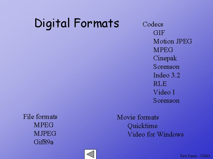 Digital Formats File formats MPEG MJPEG Gif 89 a Codecs GIF Motion JPEG MPEG