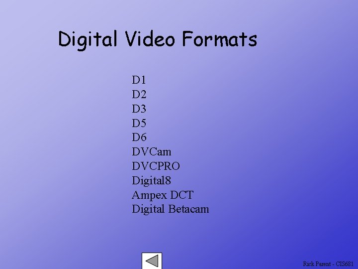 Digital Video Formats D 1 D 2 D 3 D 5 D 6 DVCam