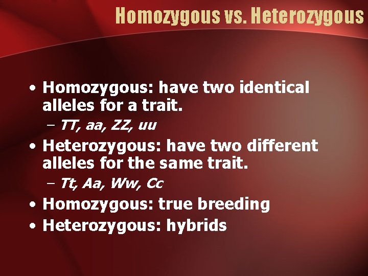 Homozygous vs. Heterozygous • Homozygous: have two identical alleles for a trait. – TT,