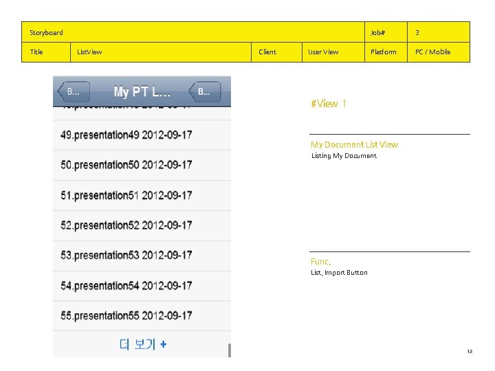 Storyboard Title List. View Client 장면 사운드 User View #View 1 Job# 3 Platform