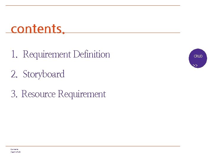 contents. 1. Requirement Definition 2. Storyboard 3. Resource Requirement Contents Team CRUD 