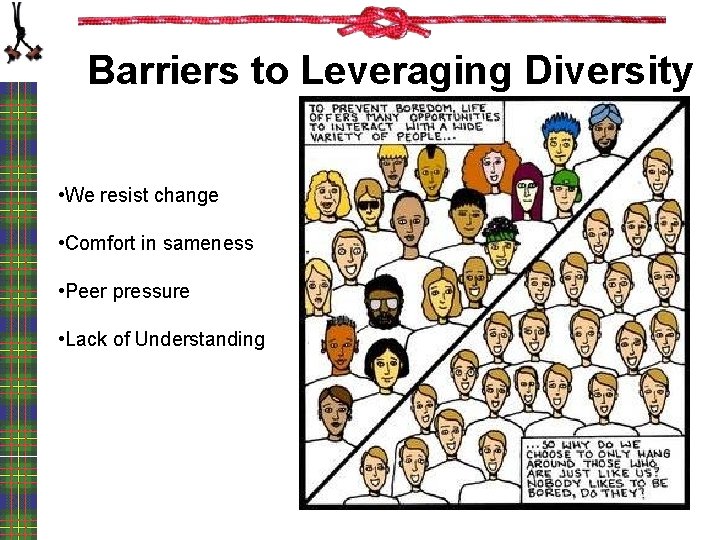 Barriers to Leveraging Diversity • We resist change • Comfort in sameness • Peer