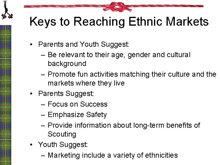 Keys to Reaching Ethnic Markets • Parents and Youth Suggest: – Be relevant to