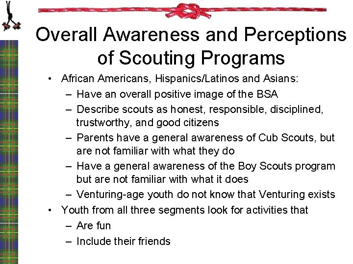 Overall Awareness and Perceptions of Scouting Programs • African Americans, Hispanics/Latinos and Asians: –