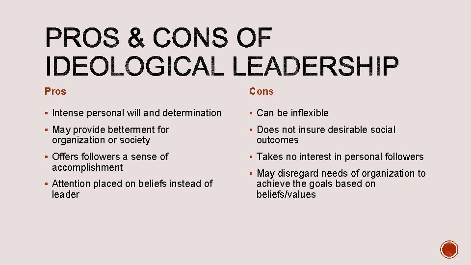 Pros Cons § Intense personal will and determination § Can be inflexible § May