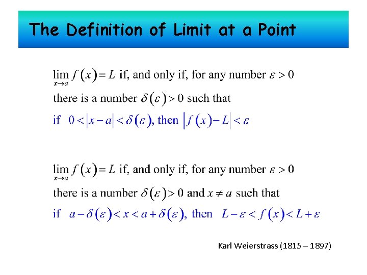 The Definition of Limit at a Point Karl Weierstrass (1815 – 1897) 