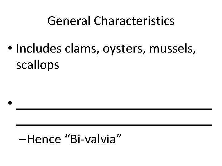 General Characteristics • Includes clams, oysters, mussels, scallops • _____________________________ –Hence “Bi-valvia” 