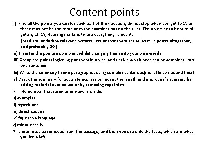 Content points i ) Find all the points you can for each part of