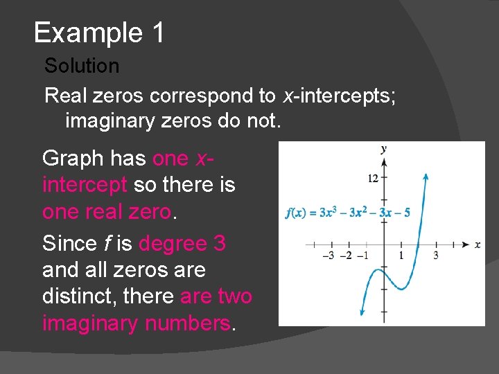 Example 1 Solution Real zeros correspond to x-intercepts; imaginary zeros do not. Graph has