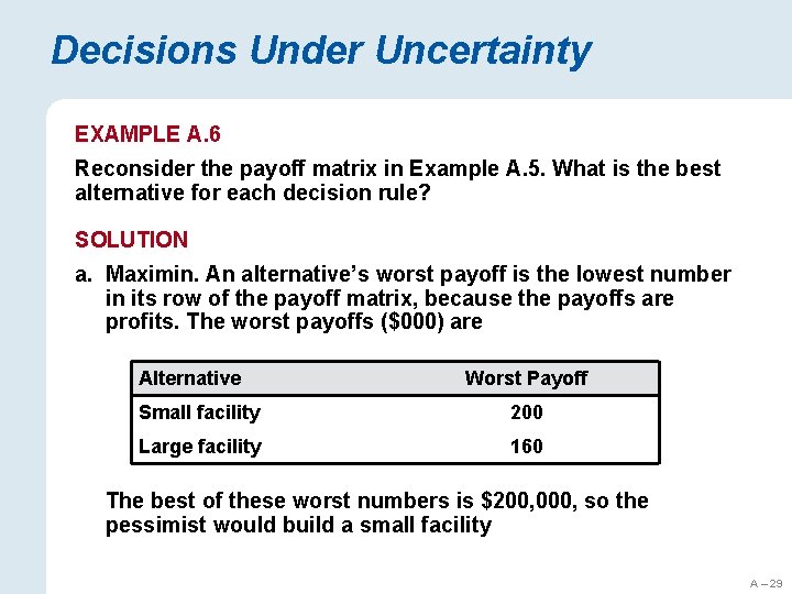 Decisions Under Uncertainty EXAMPLE A. 6 Reconsider the payoff matrix in Example A. 5.