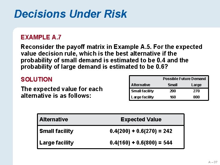 Decisions Under Risk EXAMPLE A. 7 Reconsider the payoff matrix in Example A. 5.