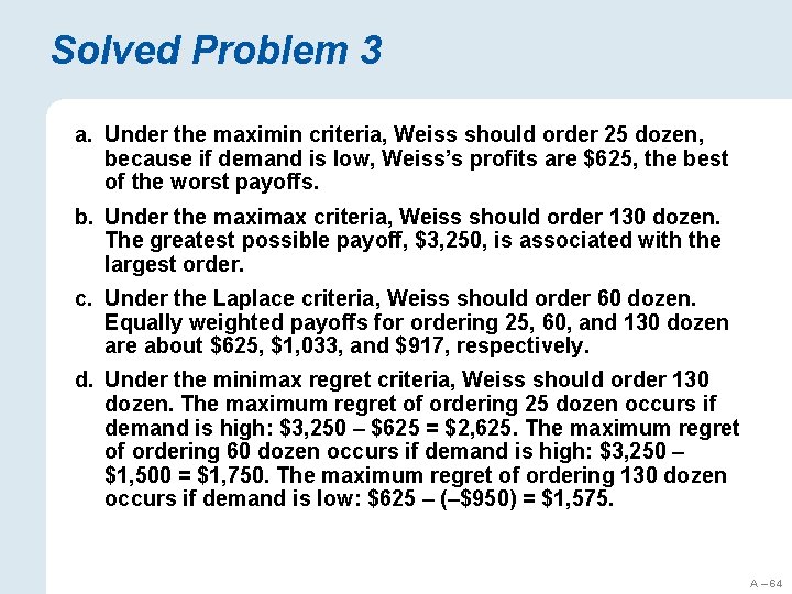 Solved Problem 3 a. Under the maximin criteria, Weiss should order 25 dozen, because