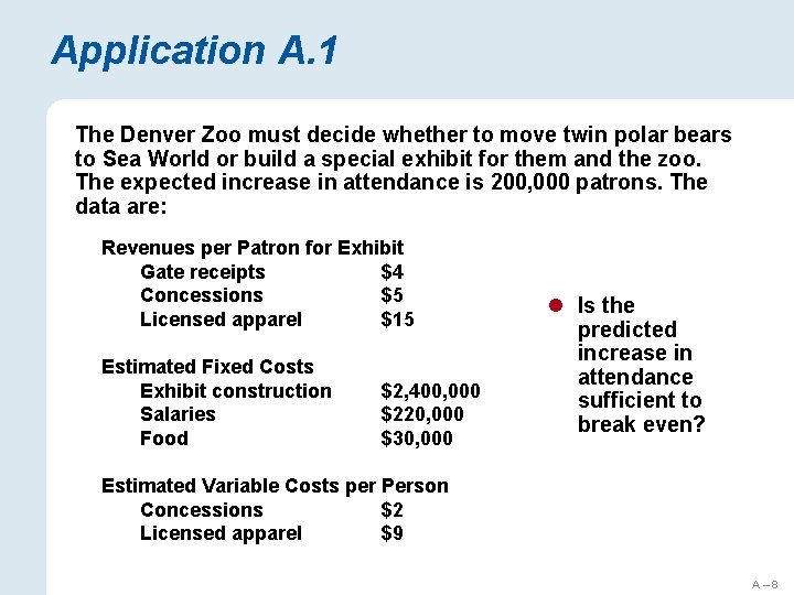 Application A. 1 The Denver Zoo must decide whether to move twin polar bears