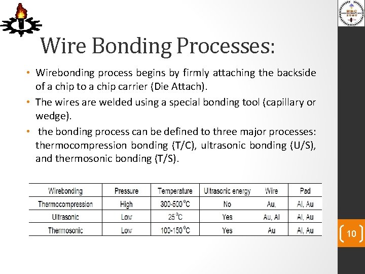 Wire Bonding Processes: • Wirebonding process begins by firmly attaching the backside of a