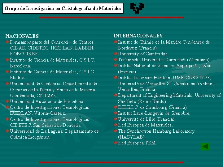 Grupo de Investigación en Cristalografía de Materiales NACIONALES Formamos parte del Consorcio de Centros: