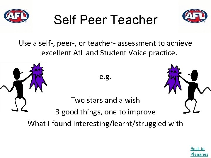 Self Peer Teacher Use a self-, peer-, or teacher- assessment to achieve excellent Af.