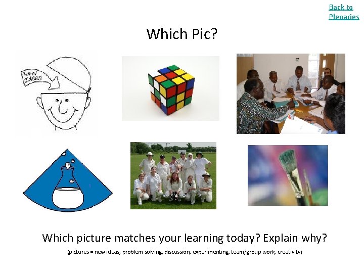 Back to Plenaries Which Pic? Which picture matches your learning today? Explain why? (pictures