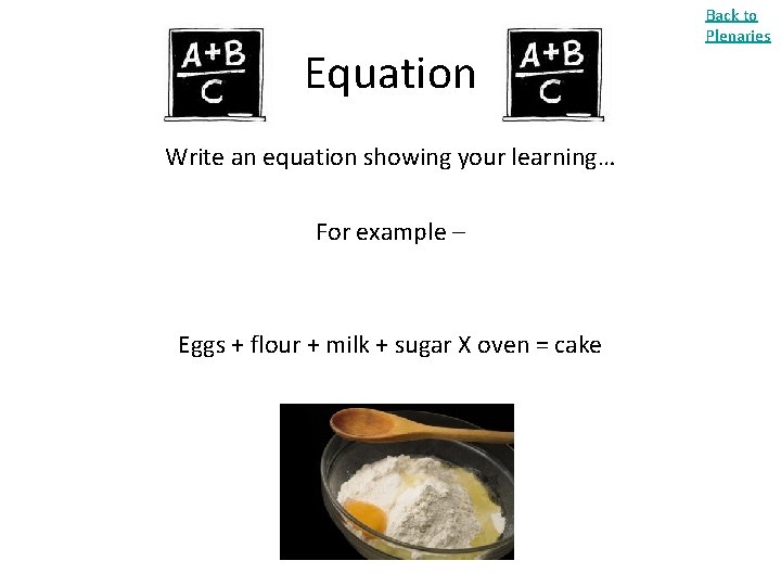 Equation Write an equation showing your learning… For example – Eggs + flour +