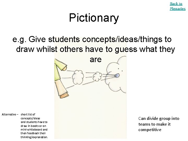 Back to Plenaries Pictionary e. g. Give students concepts/ideas/things to draw whilst others have