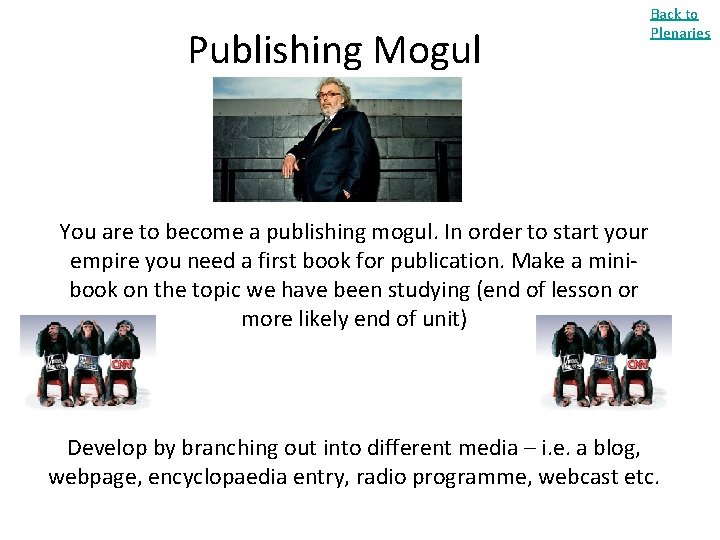 Publishing Mogul Back to Plenaries You are to become a publishing mogul. In order