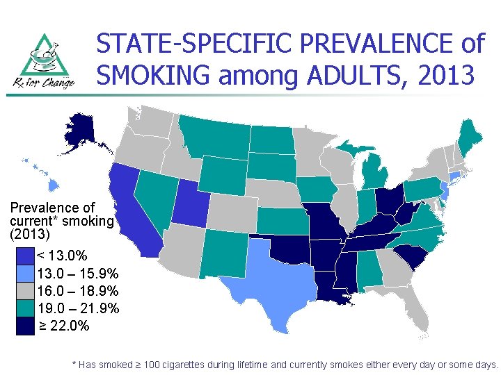 STATE-SPECIFIC PREVALENCE of SMOKING among ADULTS, 2013 Prevalence of current* smoking (2013) < 13.