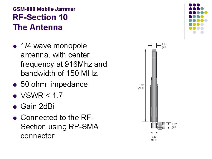 GSM-900 Mobile Jammer RF-Section 10 The Antenna l l l 1/4 wave monopole antenna,