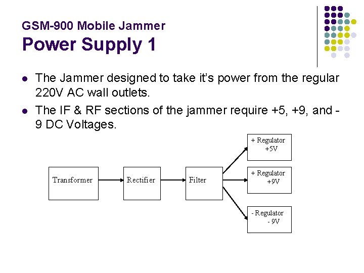 GSM-900 Mobile Jammer Power Supply 1 l l The Jammer designed to take it’s