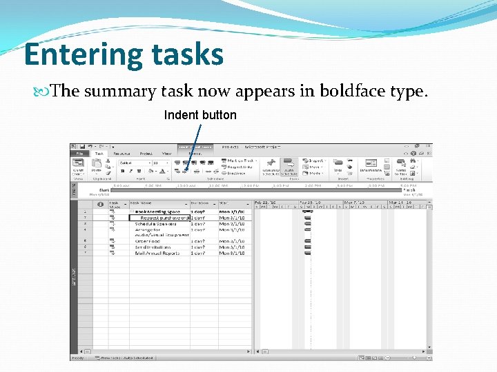Entering tasks The summary task now appears in boldface type. Indent button 
