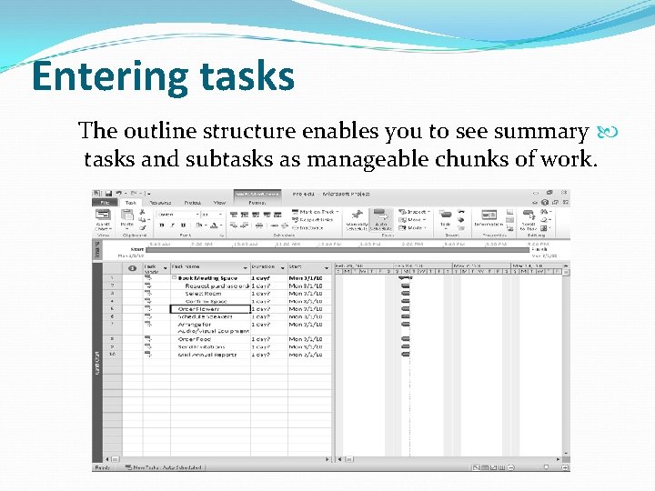 Entering tasks The outline structure enables you to see summary tasks and subtasks as