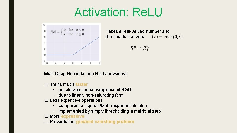 Activation: Re. LU Takes a real-valued number and thresholds it at zero Most Deep Activation: Re. LU Takes a real-valued number and thresholds it at zero Most Deep