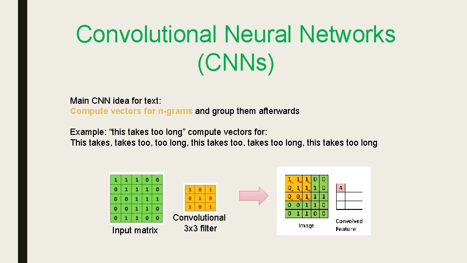Convolutional Neural Networks (CNNs) Main CNN idea for text: Compute vectors for n-grams and Convolutional Neural Networks (CNNs) Main CNN idea for text: Compute vectors for n-grams and