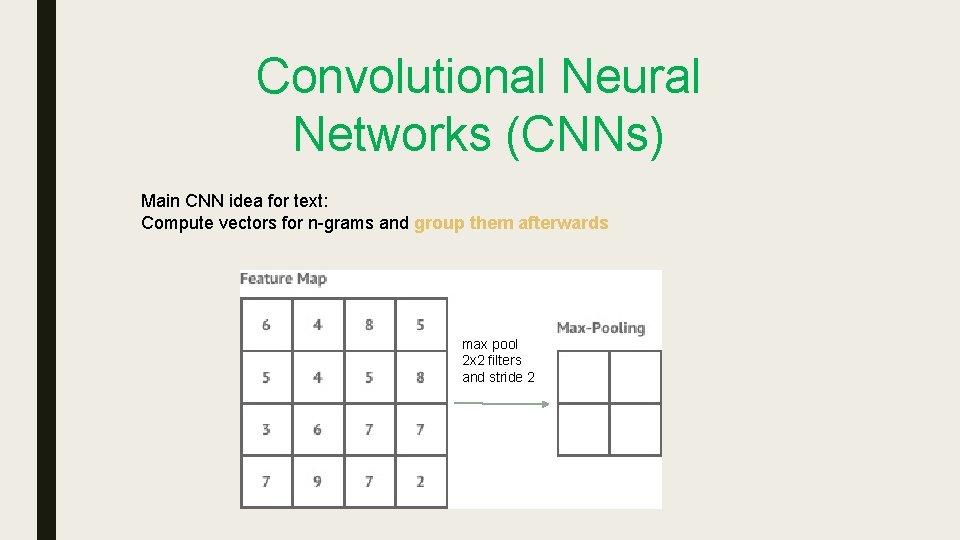 Convolutional Neural Networks (CNNs) Main CNN idea for text: Compute vectors for n-grams and Convolutional Neural Networks (CNNs) Main CNN idea for text: Compute vectors for n-grams and