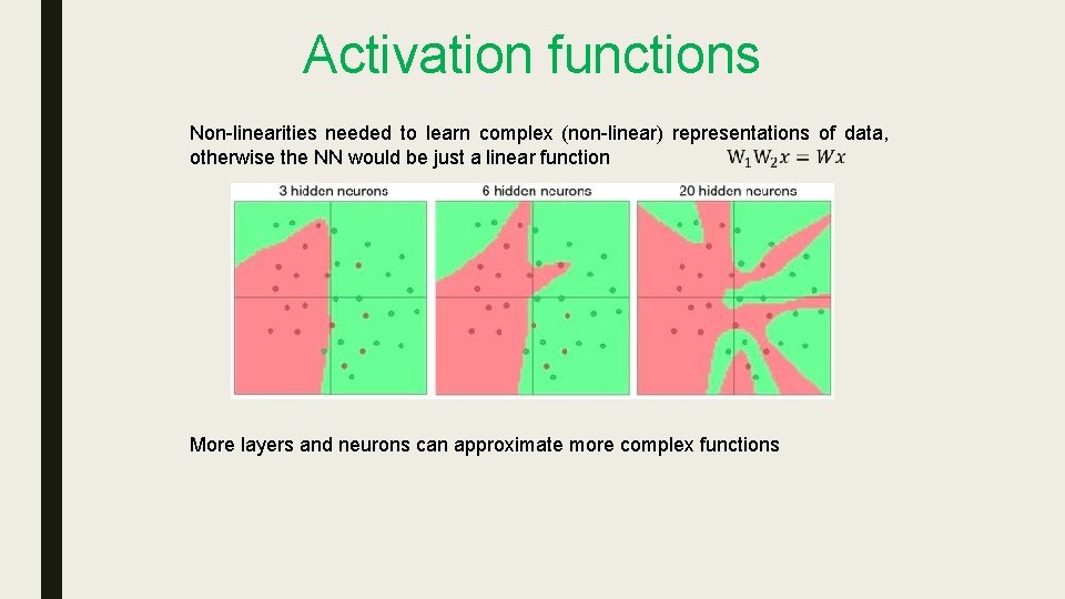Activation functions Non-linearities needed to learn complex (non-linear) representations of data, otherwise the NN Activation functions Non-linearities needed to learn complex (non-linear) representations of data, otherwise the NN