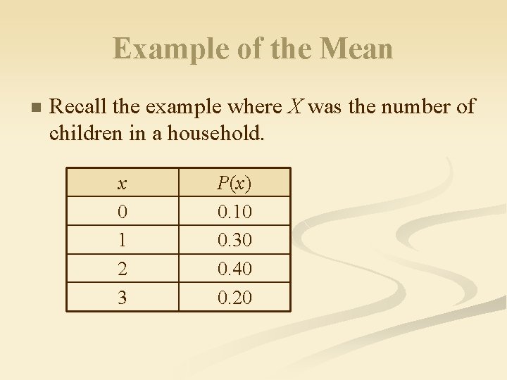 Example of the Mean n Recall the example where X was the number of Example of the Mean n Recall the example where X was the number of