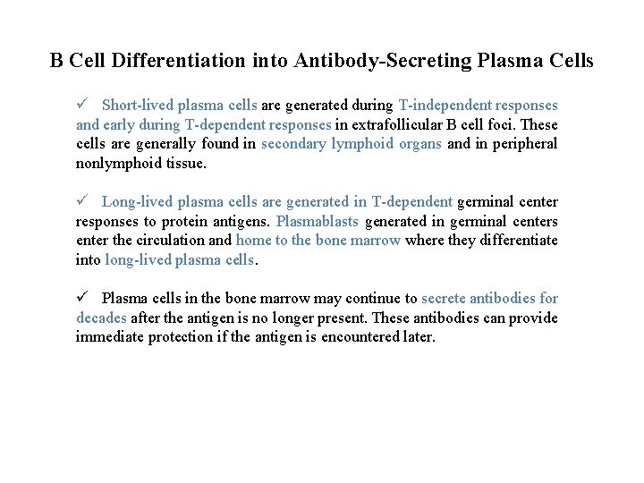 B Cell Differentiation into Antibody-Secreting Plasma Cells ü Short-lived plasma cells are generated during