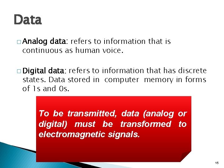 Data � Analog data: refers to information that is continuous as human voice. �