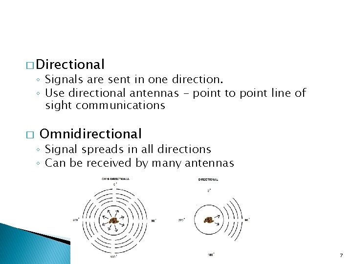 � Directional ◦ Signals are sent in one direction. ◦ Use directional antennas -