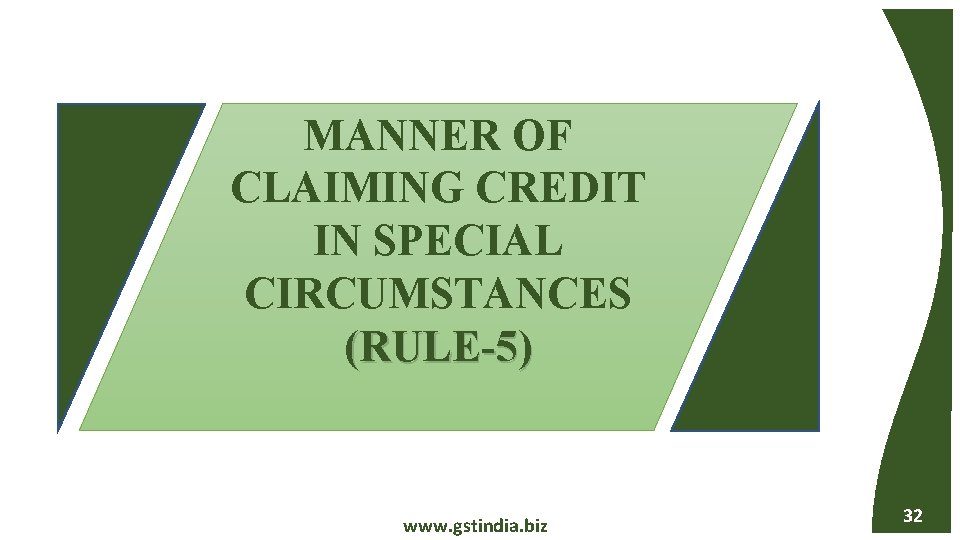 MANNER OF CLAIMING CREDIT IN SPECIAL CIRCUMSTANCES (RULE-5) www. gstindia. biz 32 