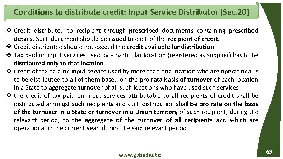 Conditions to distribute credit: Input Service Distributor (Sec. 20) v Credit distributed to recipient