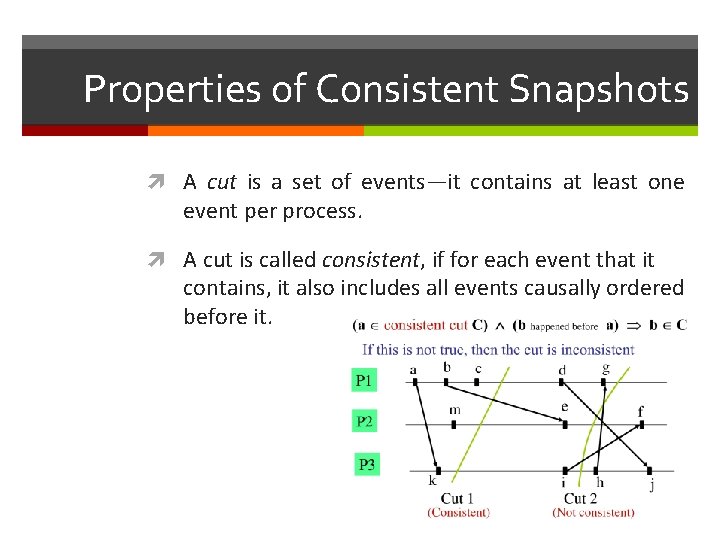 Properties of Consistent Snapshots A cut is a set of events—it contains at least